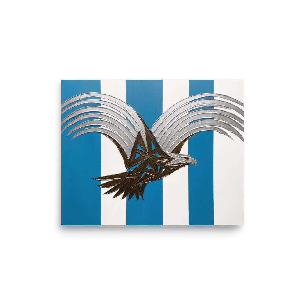 'Deco Eagle in Flight' — a Art Deco print. A stylized geometric painting of an eagle with silver wings and a bronze body flying against blue and white vertical stripes, perfect for an Office or Boy's Room.