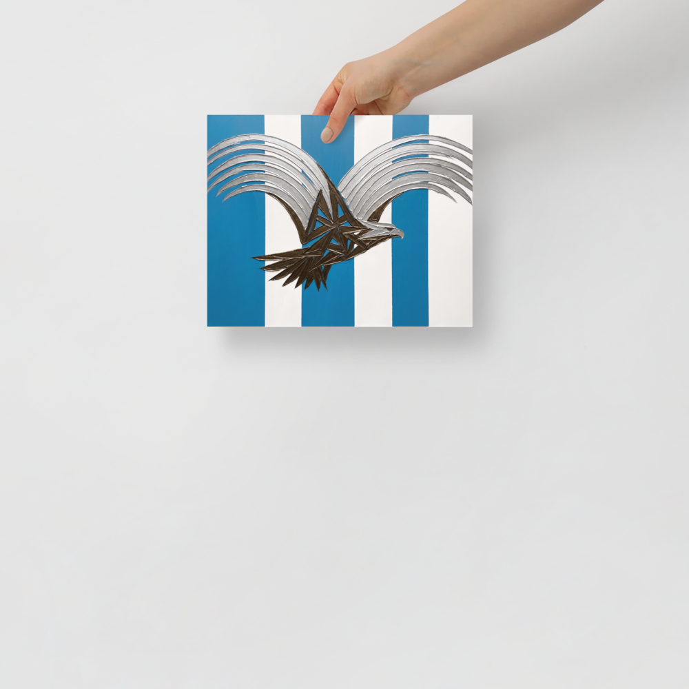 'Deco Eagle in Flight' — a Art Deco print. A stylized geometric painting of an eagle with silver wings and a bronze body flying against blue and white vertical stripes, perfect for an Office or Boy's Room.