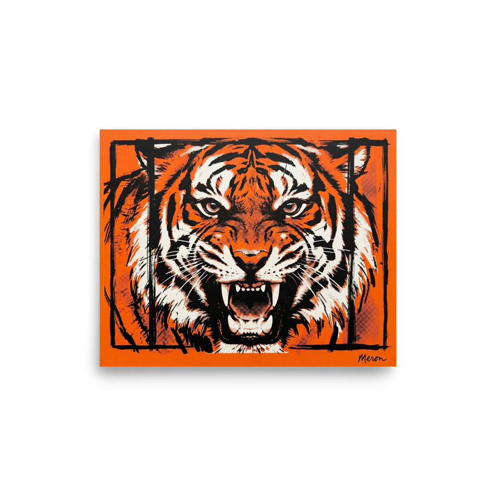 'Fierce Roar' — a Pop art print. A striking orange and black Pop Art illustration of a roaring tiger, making a bold statement in a Living Room or Office.