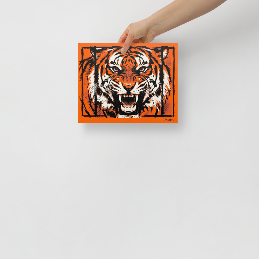 'Fierce Roar' — a Pop art print. A striking orange and black Pop Art illustration of a roaring tiger, making a bold statement in a Living Room or Office.