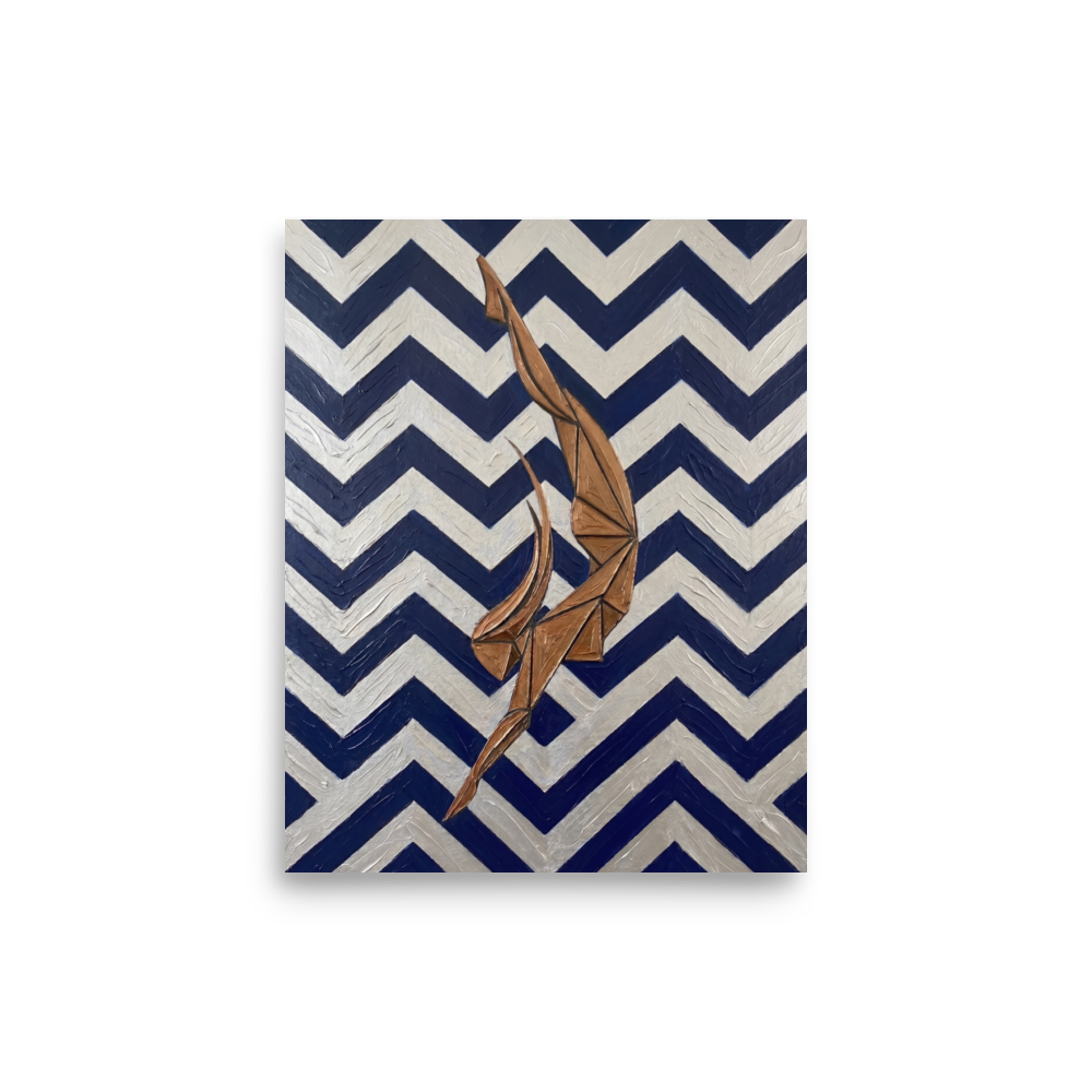 'The Deco Diver' — a Art Deco print. An Art Deco painting with thick impasto texture showing a geometric bronze diver against a background of bold silver and dark blue chevron zigzags, perfect for a Bathroom or Gym.