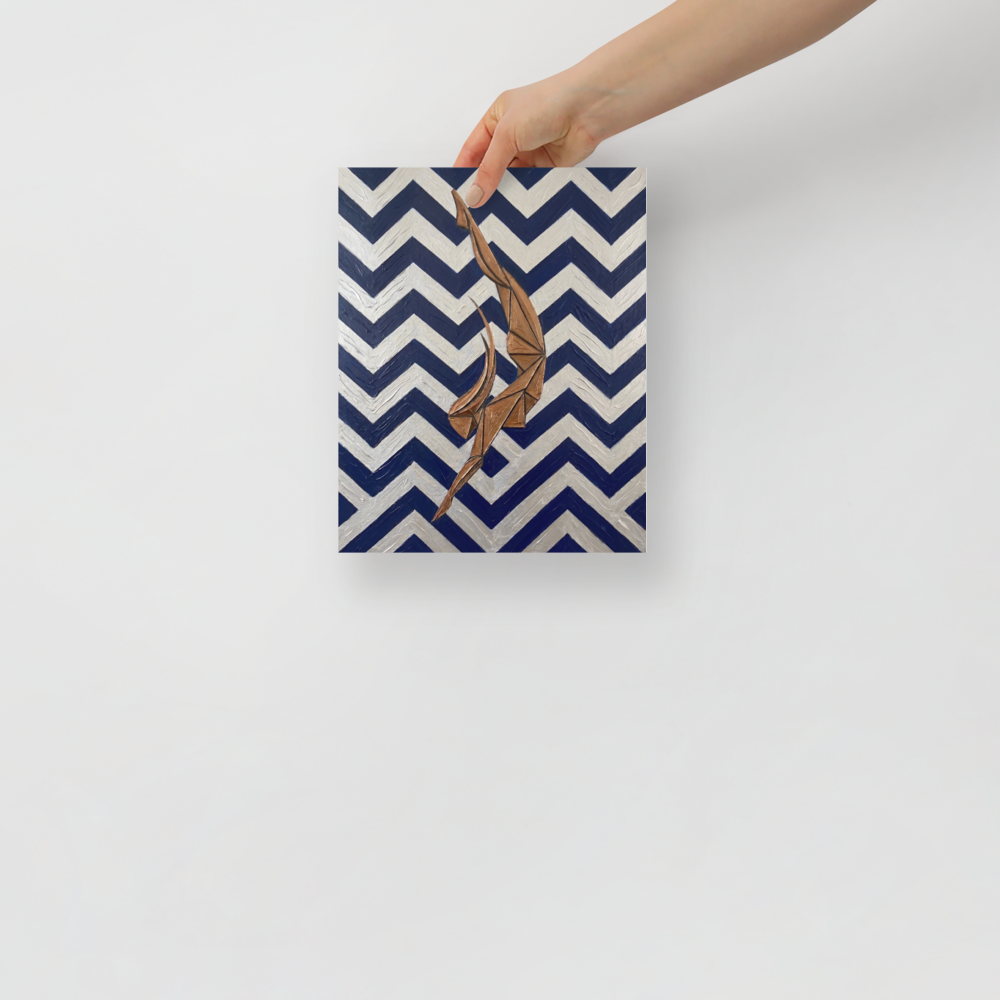 'The Deco Diver' — a Art Deco print. An Art Deco painting with thick impasto texture showing a geometric bronze diver against a background of bold silver and dark blue chevron zigzags, perfect for a Bathroom or Gym.