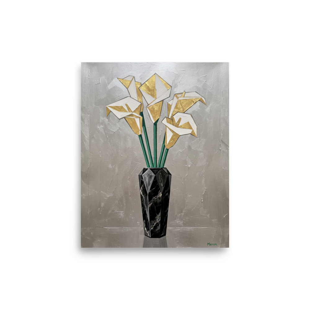 'Deco Calla Lilies' — a Art Deco print. A textured Art Deco painting of geometric white and gold calla lilies in a faceted black marble vase against a silver background, ideal for a Dining Room.