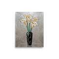 'Deco Calla Lilies' — a Art Deco print. A textured Art Deco painting of geometric white and gold calla lilies in a faceted black marble vase against a silver background, ideal for a Dining Room.