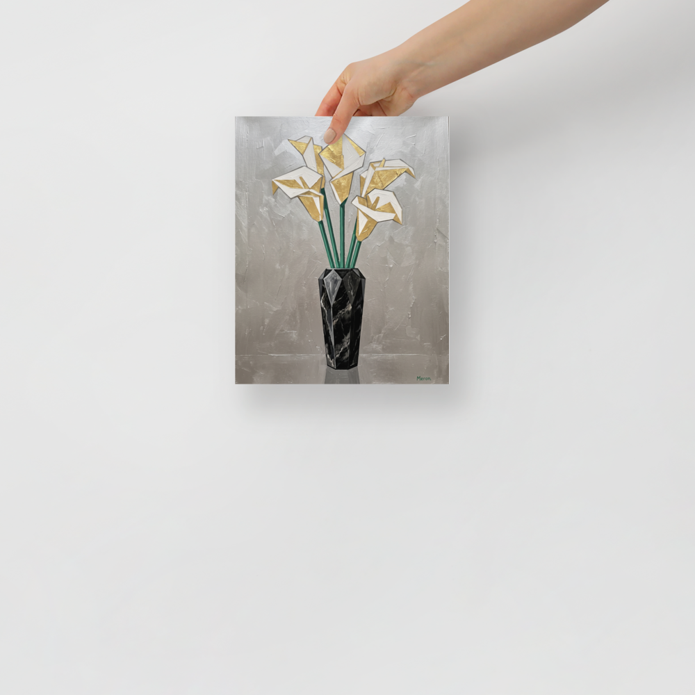 'Deco Calla Lilies' — a Art Deco print. A textured Art Deco painting of geometric white and gold calla lilies in a faceted black marble vase against a silver background, ideal for a Dining Room.