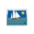 'The Deco Voyage' — a Art Deco print. A graphic Art Deco illustration of a geometric sailboat on stylized repeating waves beneath a gold metallic sun, ideal for a Bathroom or Sunroom.