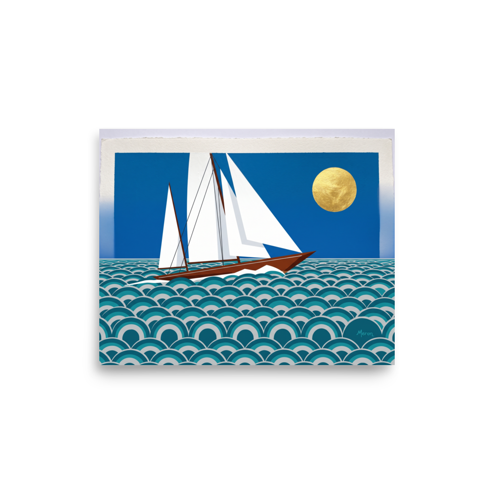'The Deco Voyage' — a Art Deco print. A graphic Art Deco illustration of a geometric sailboat on stylized repeating waves beneath a gold metallic sun, ideal for a Bathroom or Sunroom.