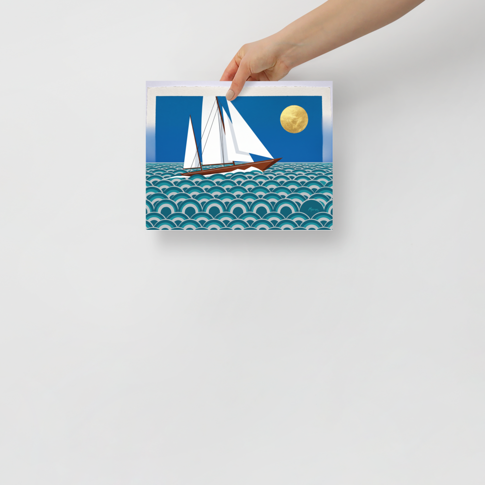 'The Deco Voyage' — a Art Deco print. A graphic Art Deco illustration of a geometric sailboat on stylized repeating waves beneath a gold metallic sun, ideal for a Bathroom or Sunroom.