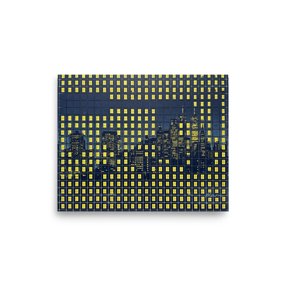 'Grid City Nights' — a Pop art print. A stylized dark blue and yellow Pop Art cityscape made from illuminated window grids, perfect for an Office or Living Room.
