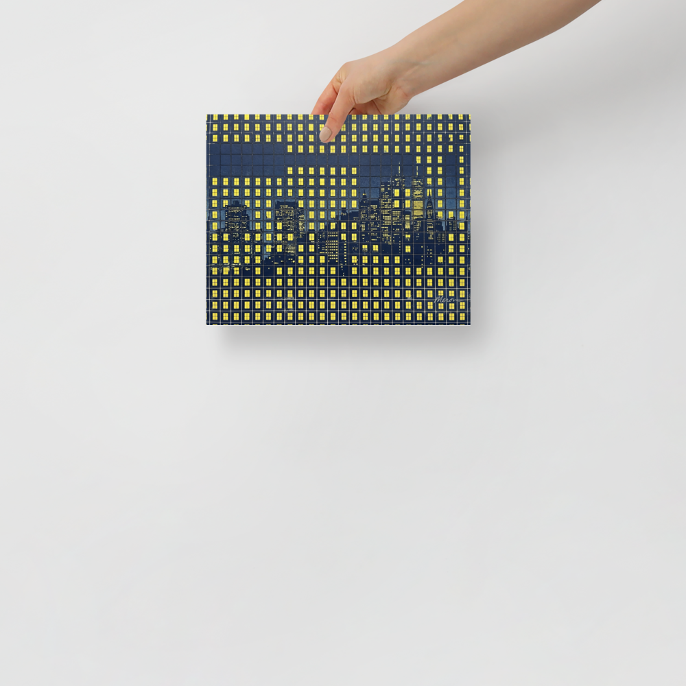 'Grid City Nights' — a Pop art print. A stylized dark blue and yellow Pop Art cityscape made from illuminated window grids, perfect for an Office or Living Room.