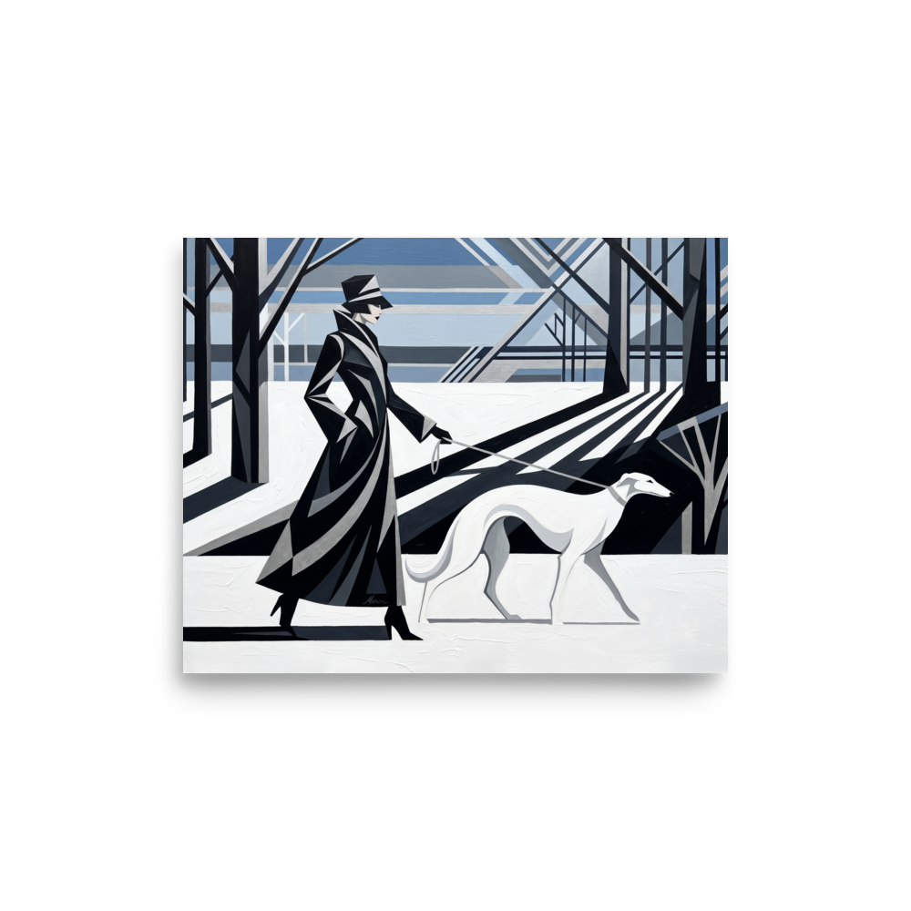 'Winter Stroll' — a Art Deco print. An elegant woman in black geometric fashion walks a white greyhound through a snowy, stylized landscape, perfect for a modern Living Room.