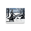 'Winter Stroll' — a Art Deco print. An elegant woman in black geometric fashion walks a white greyhound through a snowy, stylized landscape, perfect for a modern Living Room.