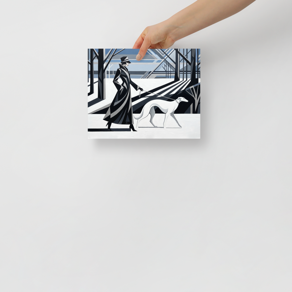 'Winter Stroll' — a Art Deco print. An elegant woman in black geometric fashion walks a white greyhound through a snowy, stylized landscape, perfect for a modern Living Room.