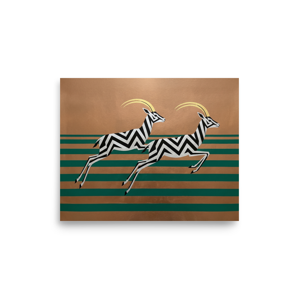 'Golden Gazelles' — a Art Deco print. A modern Art Deco painting of two leaping gazelles with black and white zigzags against a gold and teal striped background, perfect for a chic Living Room.