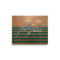 'Golden Gazelles' — a Art Deco print. A modern Art Deco painting of two leaping gazelles with black and white zigzags against a gold and teal striped background, perfect for a chic Living Room.