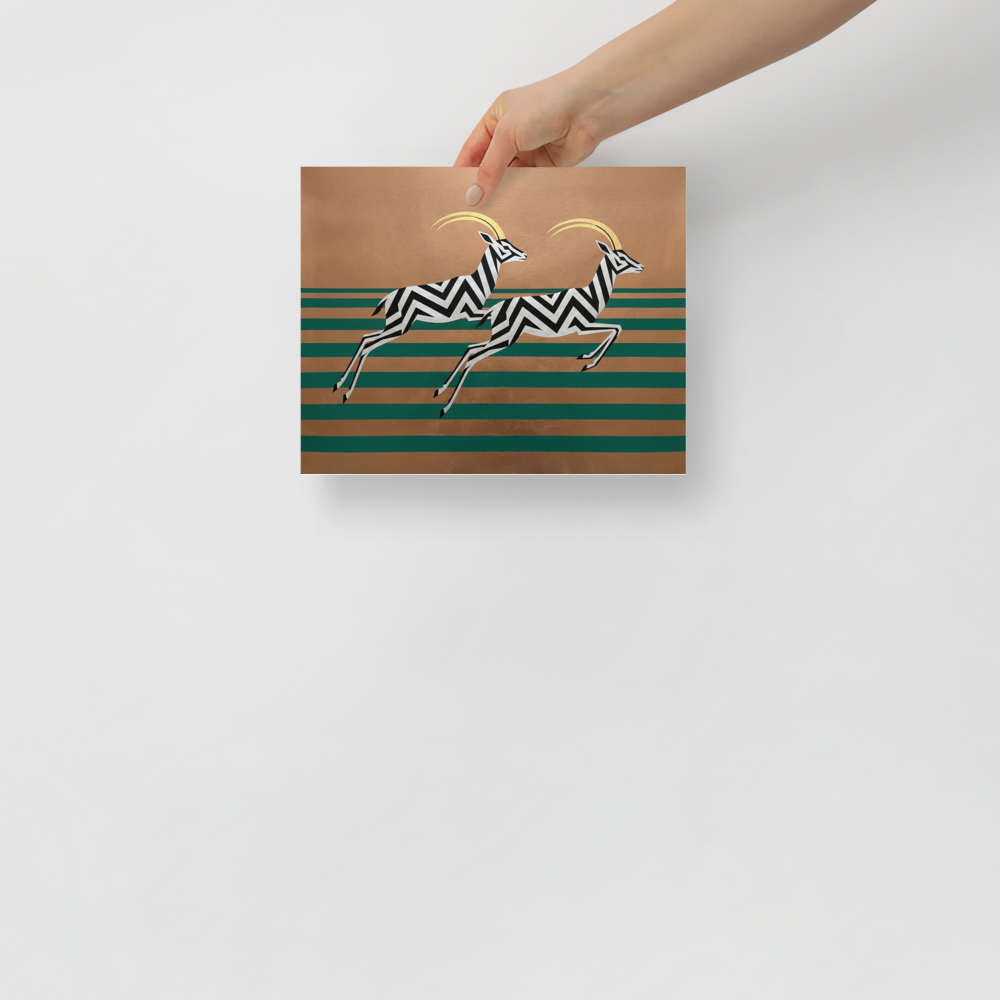 'Golden Gazelles' — a Art Deco print. A modern Art Deco painting of two leaping gazelles with black and white zigzags against a gold and teal striped background, perfect for a chic Living Room.