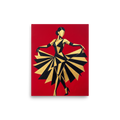 'The Golden Dancer' — a Art Deco,Cubism print. A striking geometric Art Deco painting of a dancer in a black and gold dress twirling against a bright red background, an energetic piece for a Home Theater or Living Room.