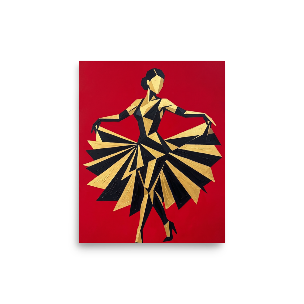 'The Golden Dancer' — a Art Deco,Cubism print. A striking geometric Art Deco painting of a dancer in a black and gold dress twirling against a bright red background, an energetic piece for a Home Theater or Living Room.