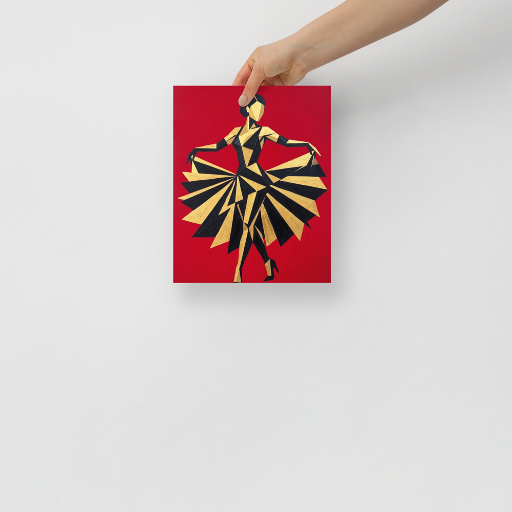 'The Golden Dancer' — a Art Deco,Cubism print. A striking geometric Art Deco painting of a dancer in a black and gold dress twirling against a bright red background, an energetic piece for a Home Theater or Living Room.