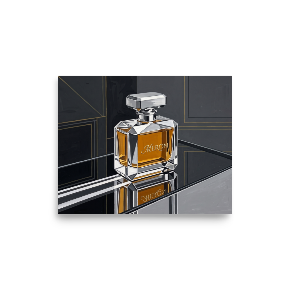 'Deco Elixir' — a Art Deco print. A sleek Art Deco painting of a faceted glass perfume bottle filled with amber liquid, reflecting on a dark mirror surface, ideal for a chic Bedroom.