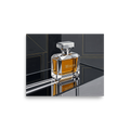 'Deco Elixir' — a Art Deco print. A sleek Art Deco painting of a faceted glass perfume bottle filled with amber liquid, reflecting on a dark mirror surface, ideal for a chic Bedroom.