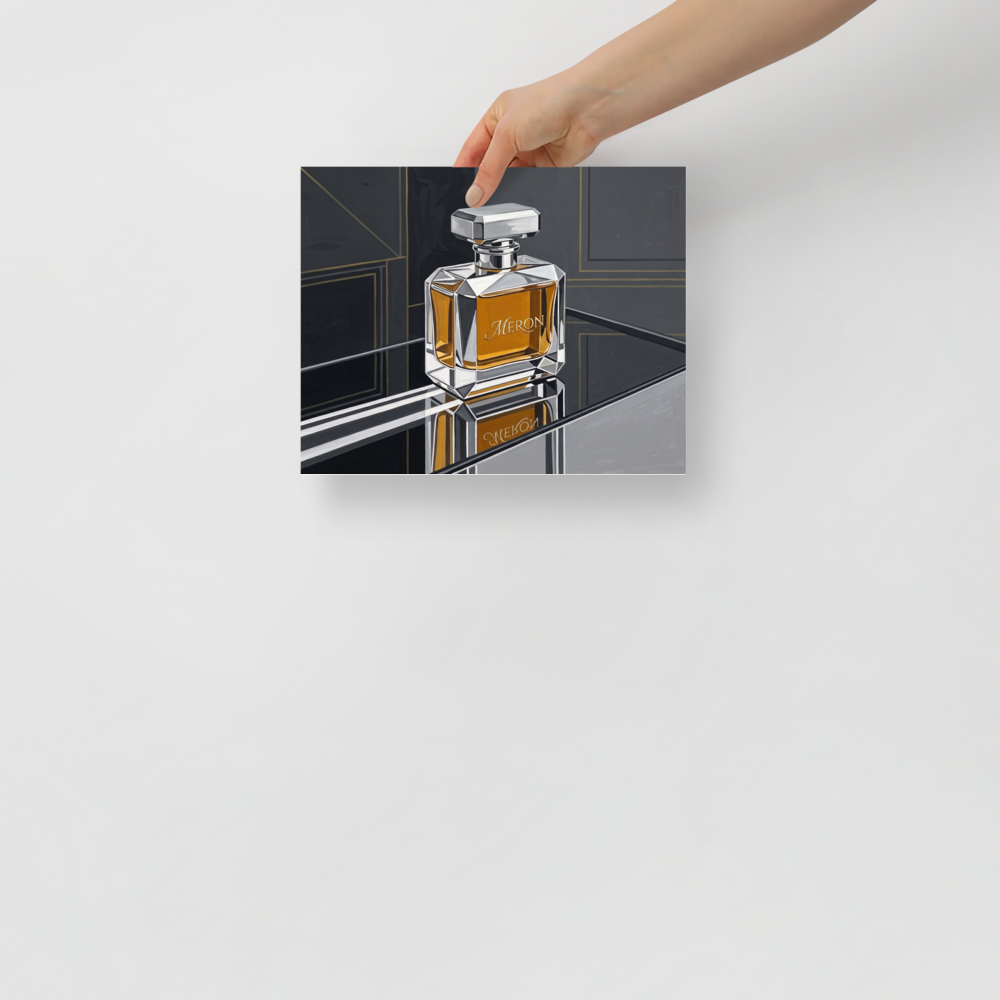 'Deco Elixir' — a Art Deco print. A sleek Art Deco painting of a faceted glass perfume bottle filled with amber liquid, reflecting on a dark mirror surface, ideal for a chic Bedroom.