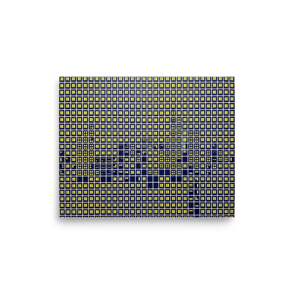 'Illuminated Grid' — a Pop art print. An abstract Pop Art grid of glowing yellow windows on a dark blue background, ideal for a modern Office.
