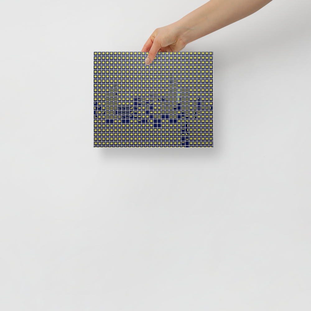 'Illuminated Grid' — a Pop art print. An abstract Pop Art grid of glowing yellow windows on a dark blue background, ideal for a modern Office.