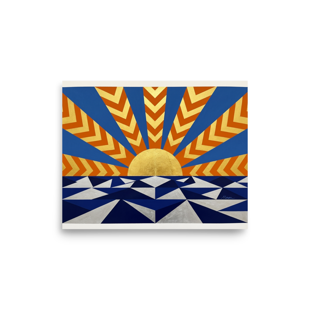 'Deco Sunrise' — a Art Deco print. A bright Art Deco painting of a golden sunrise over a geometric blue and silver sea, radiating with orange and blue sunbeams, perfect for a lively Living Room.