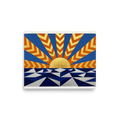 'Deco Sunrise' — a Art Deco print. A bright Art Deco painting of a golden sunrise over a geometric blue and silver sea, radiating with orange and blue sunbeams, perfect for a lively Living Room.
