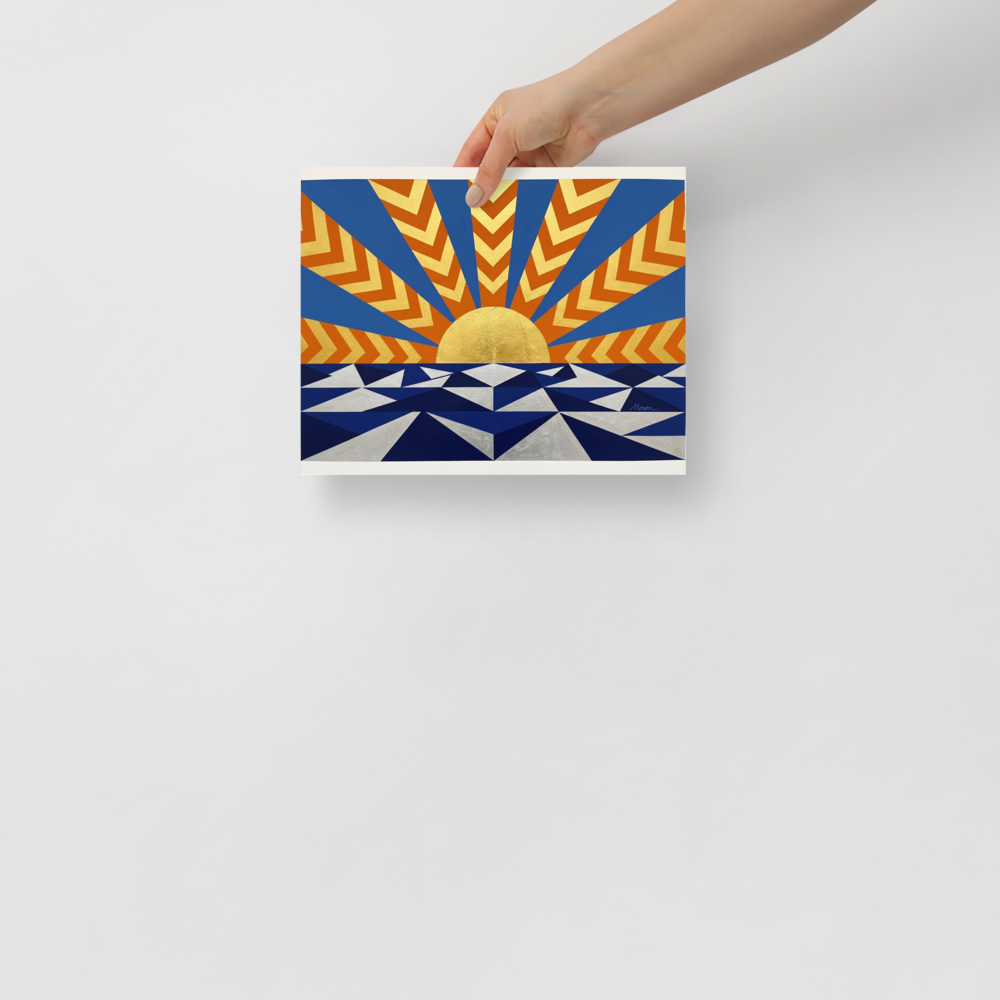 'Deco Sunrise' — a Art Deco print. A bright Art Deco painting of a golden sunrise over a geometric blue and silver sea, radiating with orange and blue sunbeams, perfect for a lively Living Room.