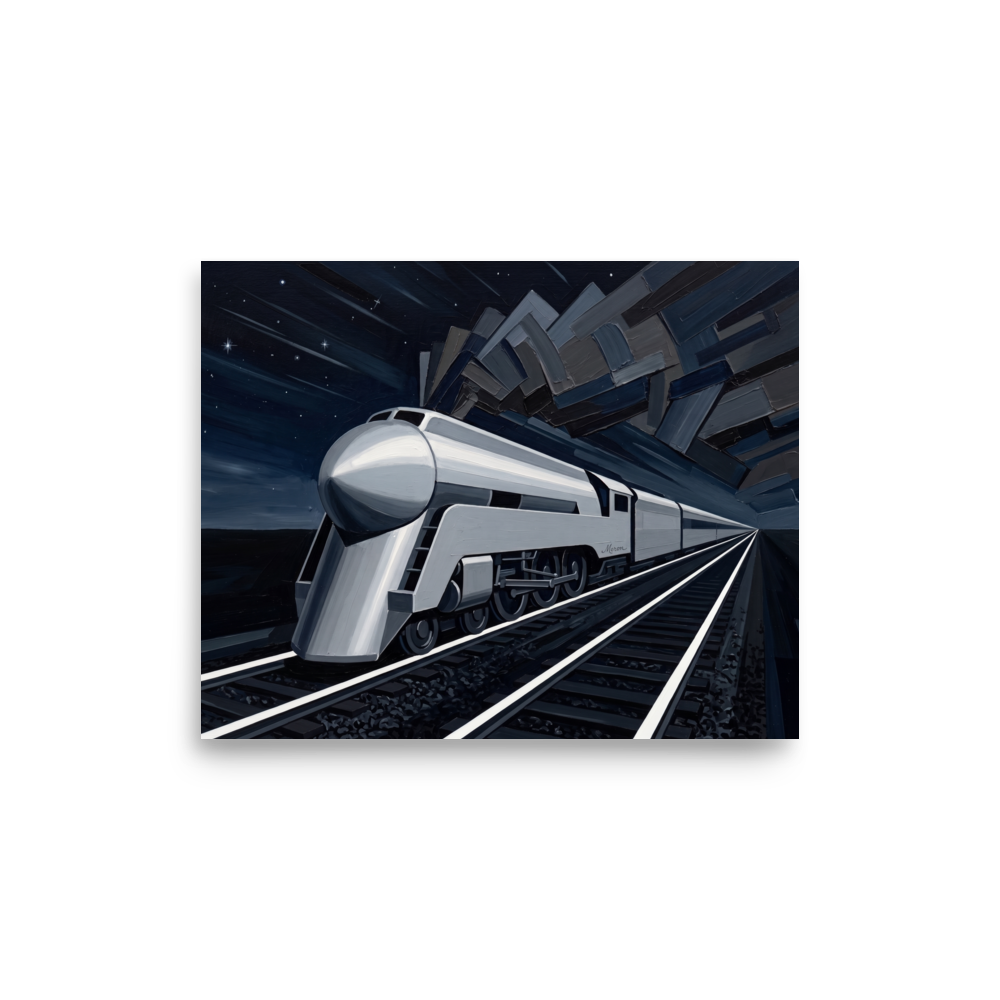 'Midnight Express' — a Art Deco print. A sleek silver Art Deco train speeding through a stylized night landscape with geometric smoke, an industrial retro-futuristic painting perfect for an Office or Man Cave.