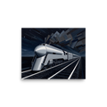 'Midnight Express' — a Art Deco print. A sleek silver Art Deco train speeding through a stylized night landscape with geometric smoke, an industrial retro-futuristic painting perfect for an Office or Man Cave.