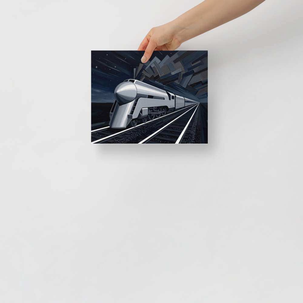 'Midnight Express' — a Art Deco print. A sleek silver Art Deco train speeding through a stylized night landscape with geometric smoke, an industrial retro-futuristic painting perfect for an Office or Man Cave.
