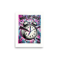 'Morning Shock' — a Pop art print. A loud and vibrant Pop Art alarm clock with comic book typography in pink and cyan, perfect for a Bedroom or Office.