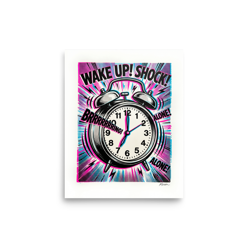 'Morning Shock' — a Pop art print. A loud and vibrant Pop Art alarm clock with comic book typography in pink and cyan, perfect for a Bedroom or Office.