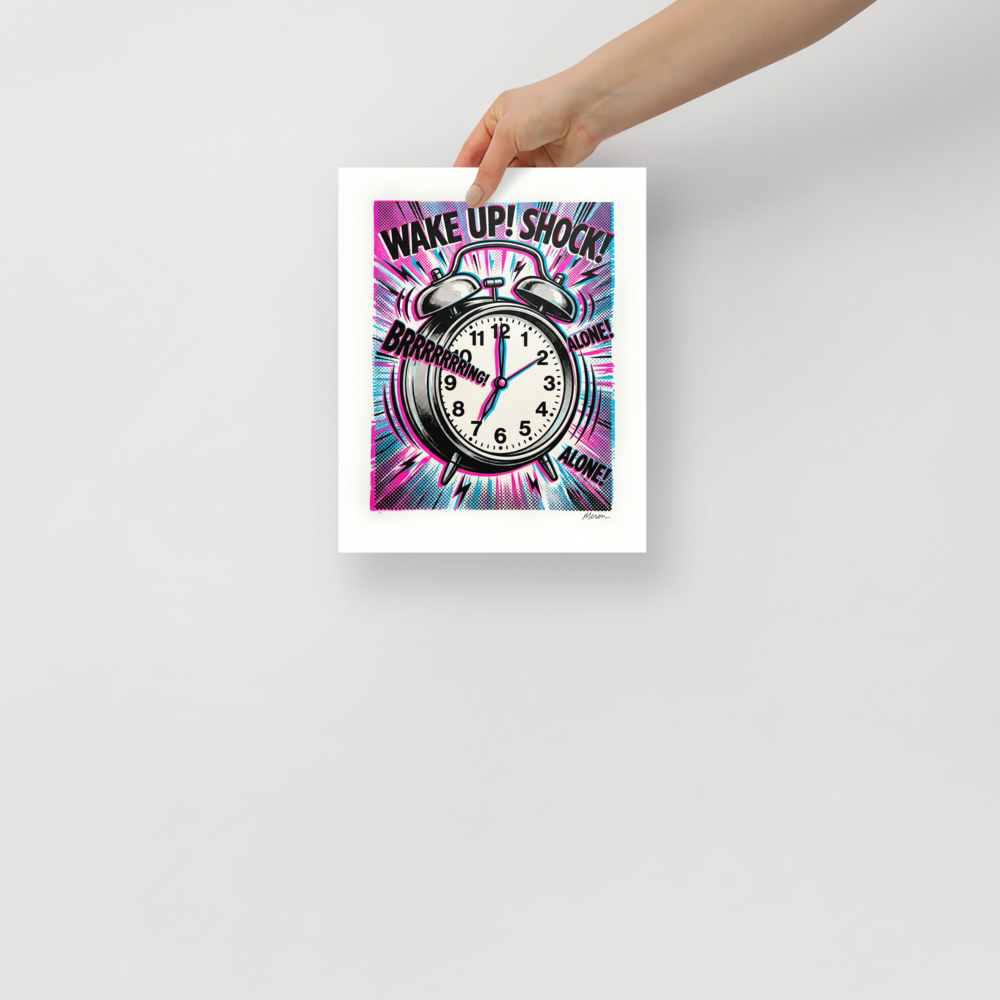 'Morning Shock' — a Pop art print. A loud and vibrant Pop Art alarm clock with comic book typography in pink and cyan, perfect for a Bedroom or Office.