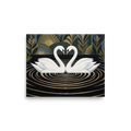 'Deco Swans' — a Art Deco print. An Art Deco painting of two white swans forming a heart shape on a black lake with golden ripples, against a geometric garden background, perfect for a romantic Bedroom.