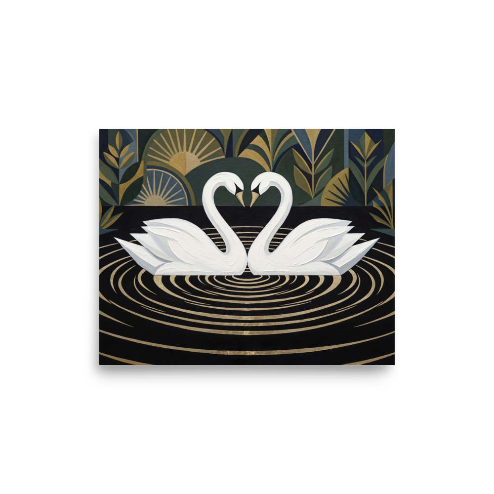 'Deco Swans' — a Art Deco print. An Art Deco painting of two white swans forming a heart shape on a black lake with golden ripples, against a geometric garden background, perfect for a romantic Bedroom.
