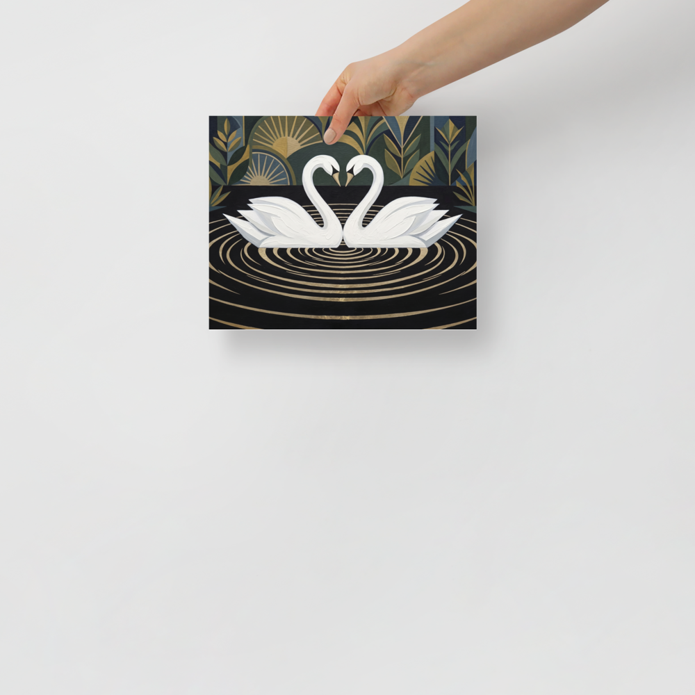 'Deco Swans' — a Art Deco print. An Art Deco painting of two white swans forming a heart shape on a black lake with golden ripples, against a geometric garden background, perfect for a romantic Bedroom.