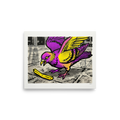 'The Urban Forager' — a Pop art print. A humorous purple and yellow Pop Art pigeon eating a french fry, a fun addition to a Kitchen or Dining Room.
