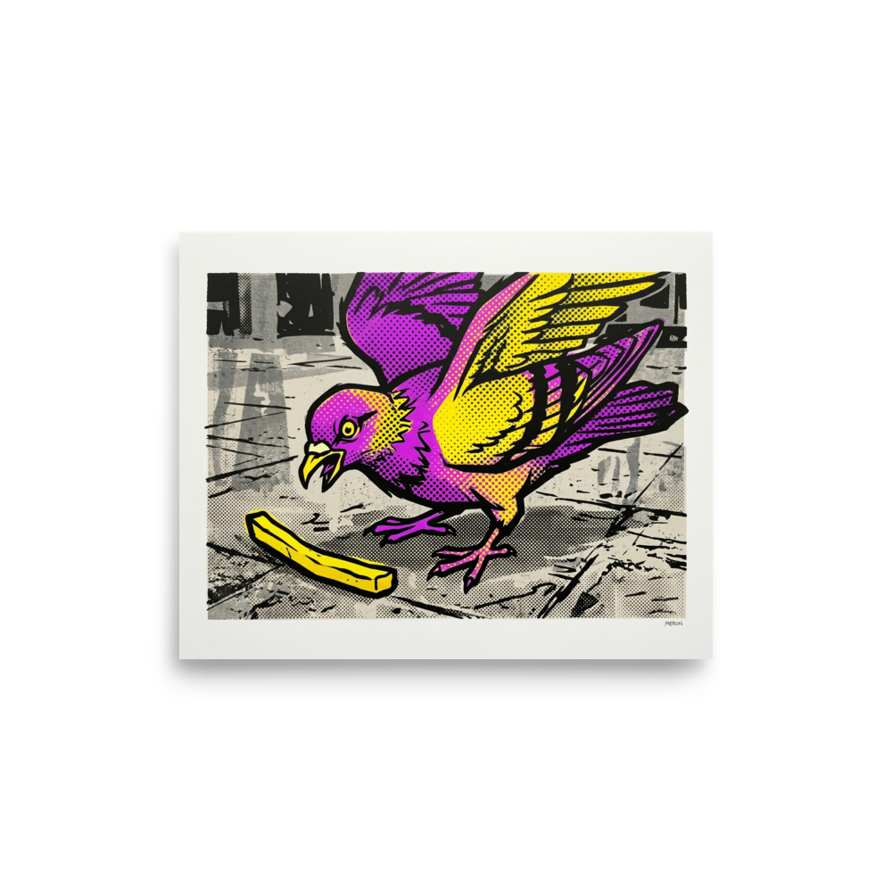 'The Urban Forager' — a Pop art print. A humorous purple and yellow Pop Art pigeon eating a french fry, a fun addition to a Kitchen or Dining Room.