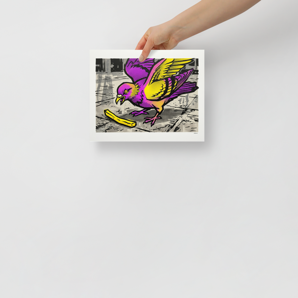 'The Urban Forager' — a Pop art print. A humorous purple and yellow Pop Art pigeon eating a french fry, a fun addition to a Kitchen or Dining Room.