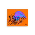 'Neon Man o' War' — a Pop art print. A vibrant pop art illustration of a purple and blue jellyfish with black tentacles against an orange background, perfect for a lively living room.