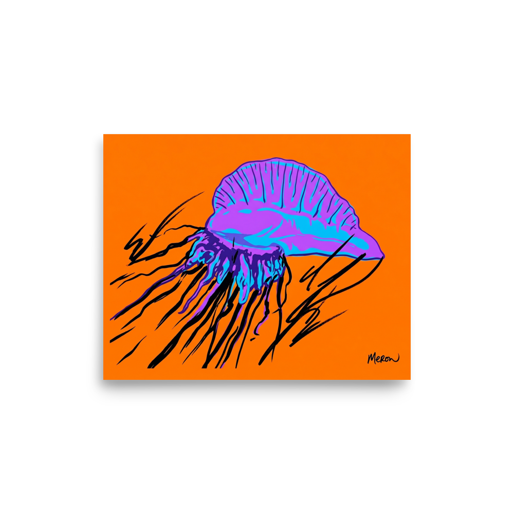'Neon Man o' War' — a Pop art print. A vibrant pop art illustration of a purple and blue jellyfish with black tentacles against an orange background, perfect for a lively living room.