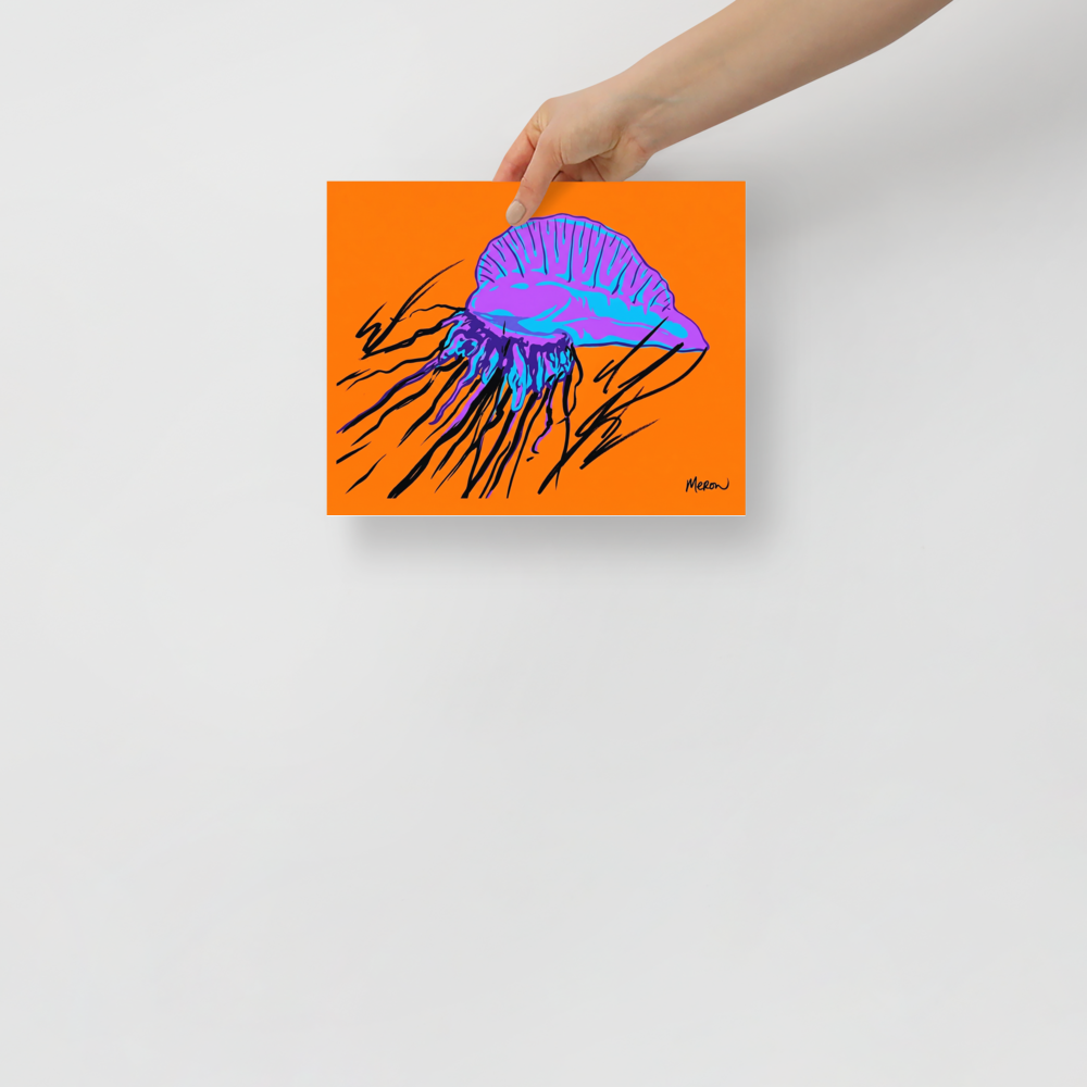 'Neon Man o' War' — a Pop art print. A vibrant pop art illustration of a purple and blue jellyfish with black tentacles against an orange background, perfect for a lively living room.