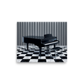 'The Deco Piano' — a Art Deco print. A sleek black Art Deco grand piano resting on a black and white checkered floor against a vertically striped wall, a stylish piece for a Music Room or Lounge.