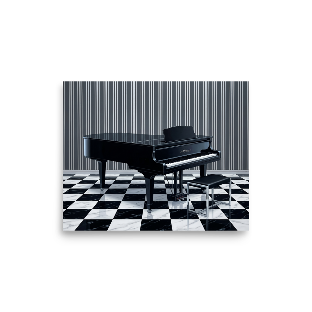 'The Deco Piano' — a Art Deco print. A sleek black Art Deco grand piano resting on a black and white checkered floor against a vertically striped wall, a stylish piece for a Music Room or Lounge.