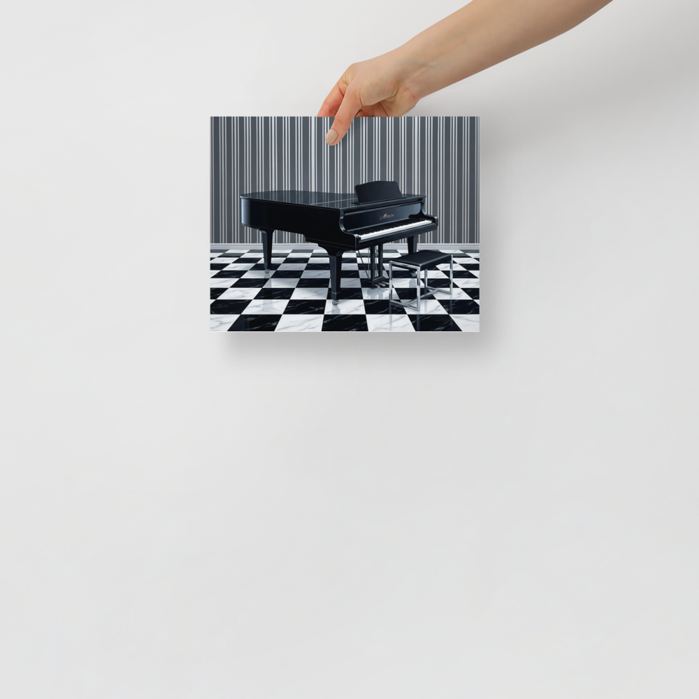 'The Deco Piano' — a Art Deco print. A sleek black Art Deco grand piano resting on a black and white checkered floor against a vertically striped wall, a stylish piece for a Music Room or Lounge.