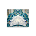 'The Gilded Peacock' — a Art Deco print. A majestic white peacock displayed against a geometric Art Deco background of teal and gold, perfect for a dining room setting.